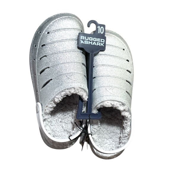 Rugged Shark Lined Silver Glitter Clogs - Picture 1 of 7